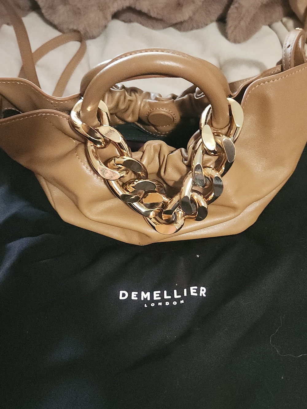 DeMellier Camel Leather Shoulder Bag with Gold Chain